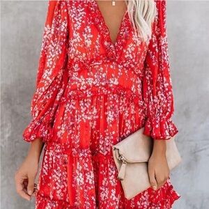 Floral Red Dress ruffle babydoll midi dress summer boho